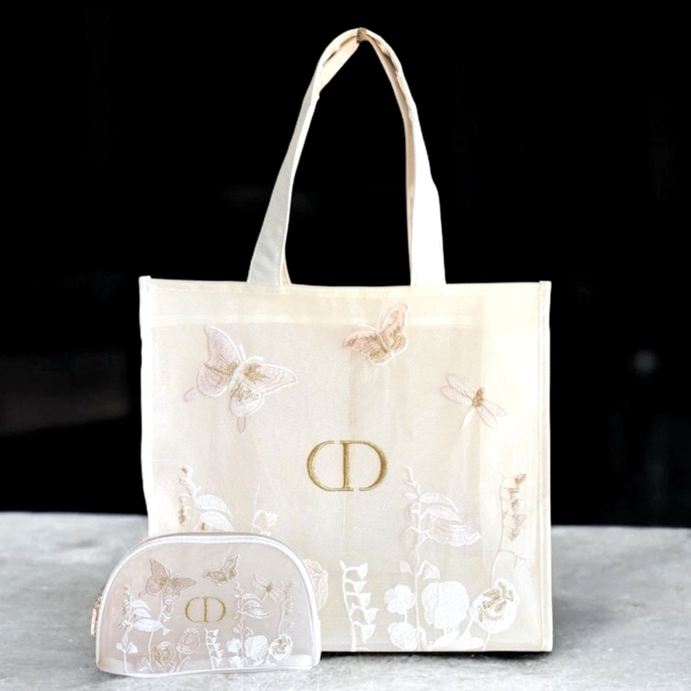 🦋DIOR BUNDLE: DIOR MESH BUTTERFLY TOTE & POUCH🦋CREAM & GOLD GWP🤩